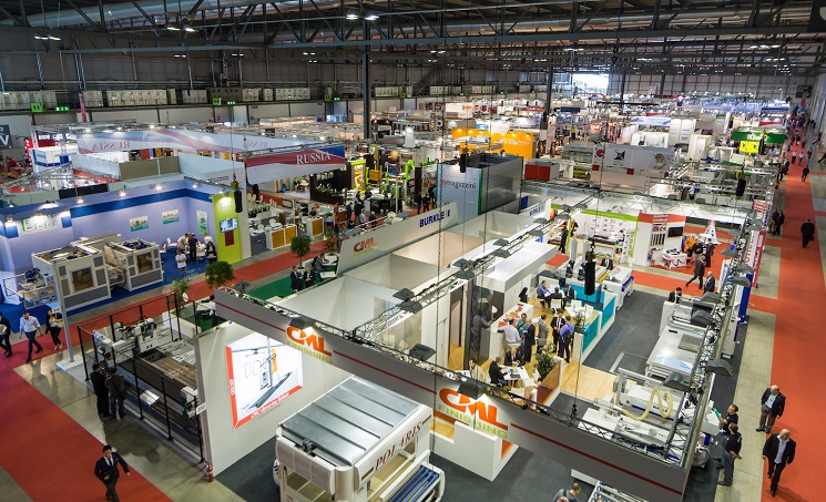 Overview of the interior of a pavilion at Xylexpo 2016